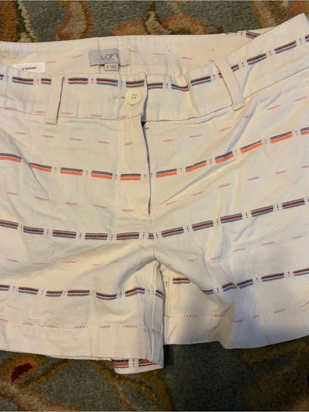 LOFT White womens Flat Front Shorts with Navy and Orange Stripes